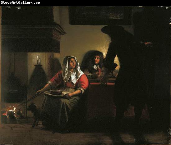 Pieter de Hooch Interior with Two Gentleman and a Woman Beside a Fire